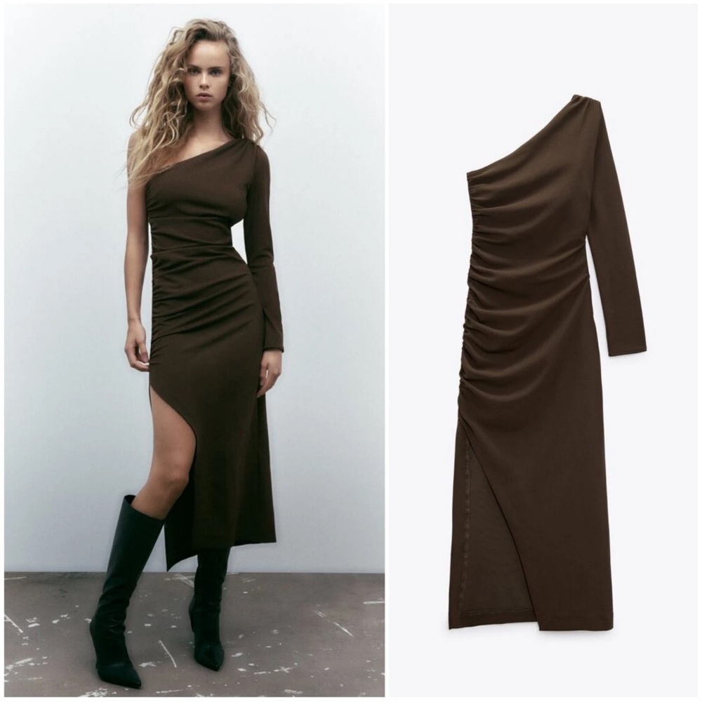 NWT 🔥 Zara One-Shoulder Brown Ruched Midi Dress